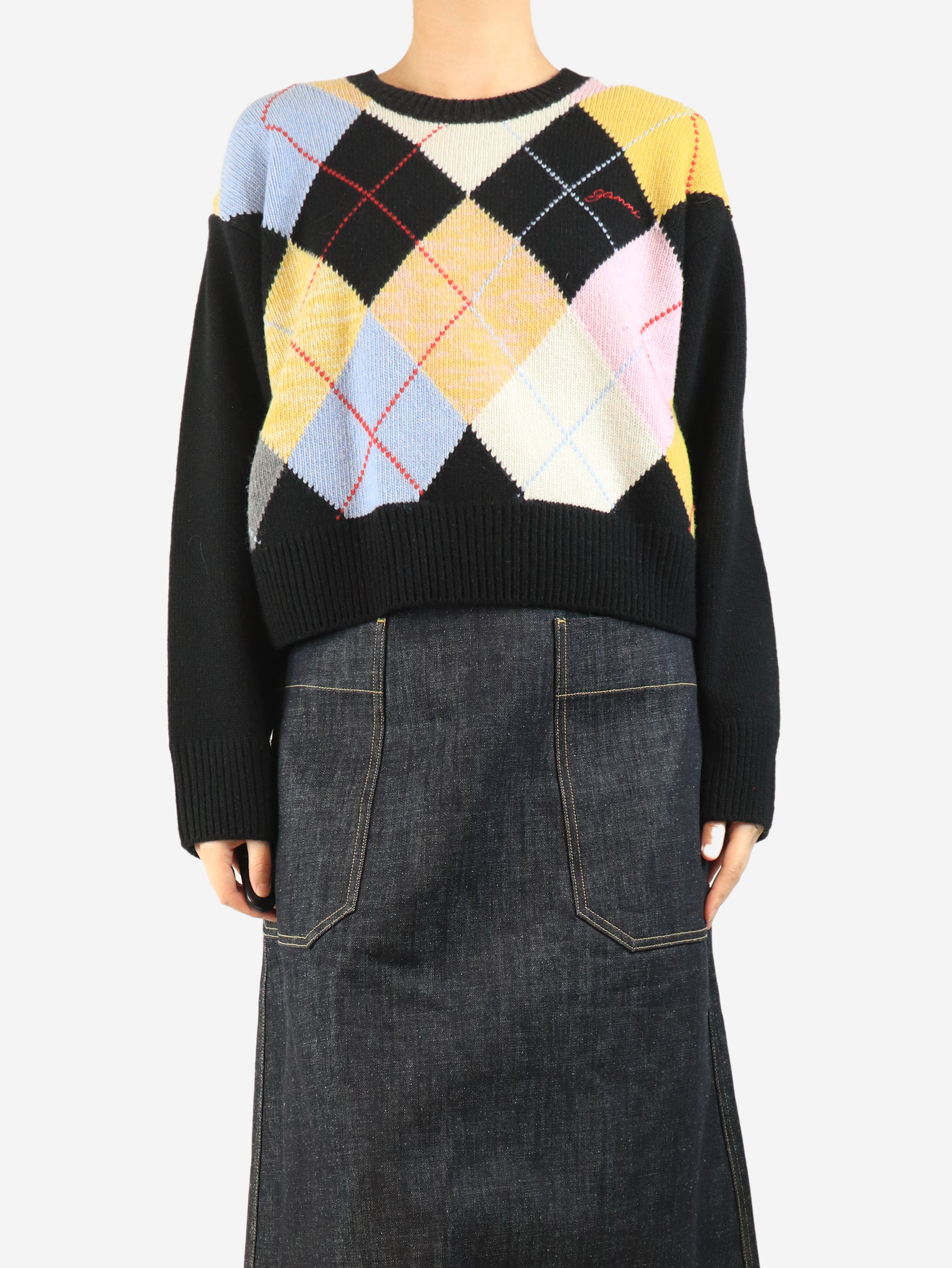Black cropped Argyle jumper - size S Knitwear Ganni 