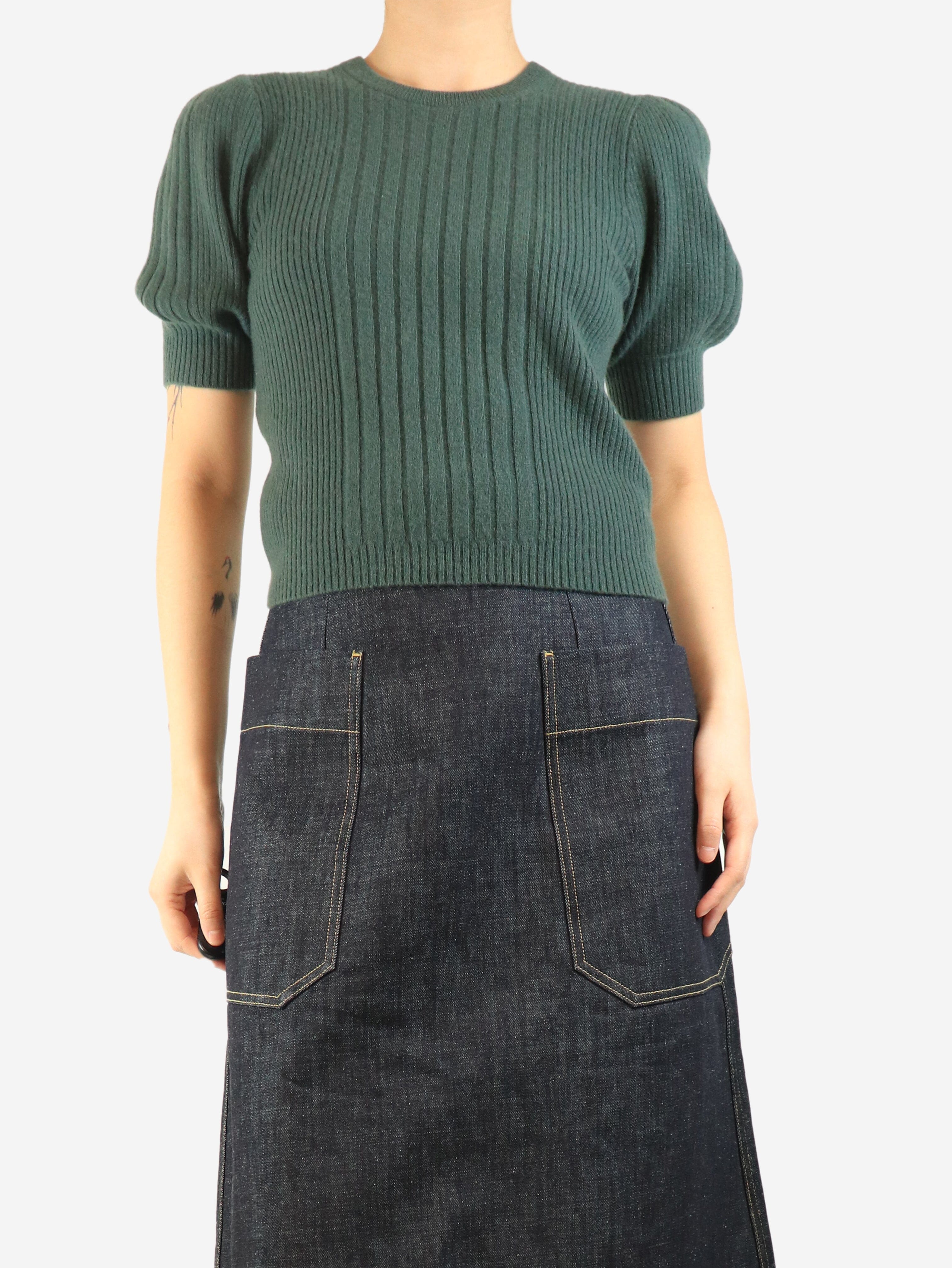 Green puff-sleeved ribbed cashmere top - size S Tops Paige 