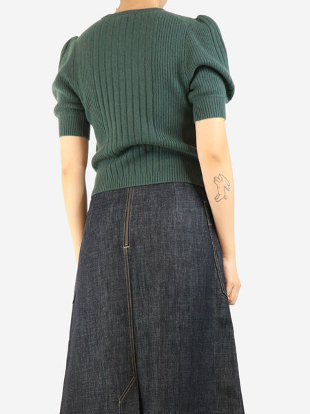 Green puff-sleeved ribbed cashmere top - size S alternate image