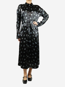 Acne Studios Black satin floral midi wrap dress - size UK 8