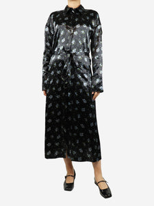 Acne Studios Black satin floral midi wrap dress - size UK 8