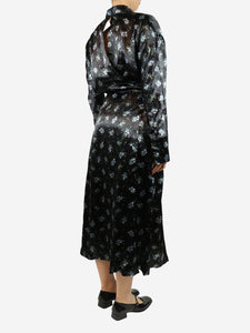 Acne Studios Black satin floral midi wrap dress - size UK 8