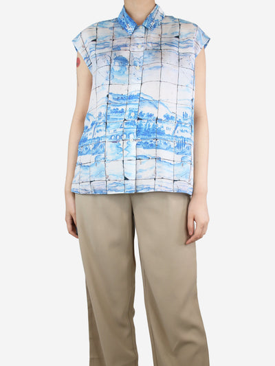 Blue sleeveless printed shirt - size UK 14 Tops Prada 