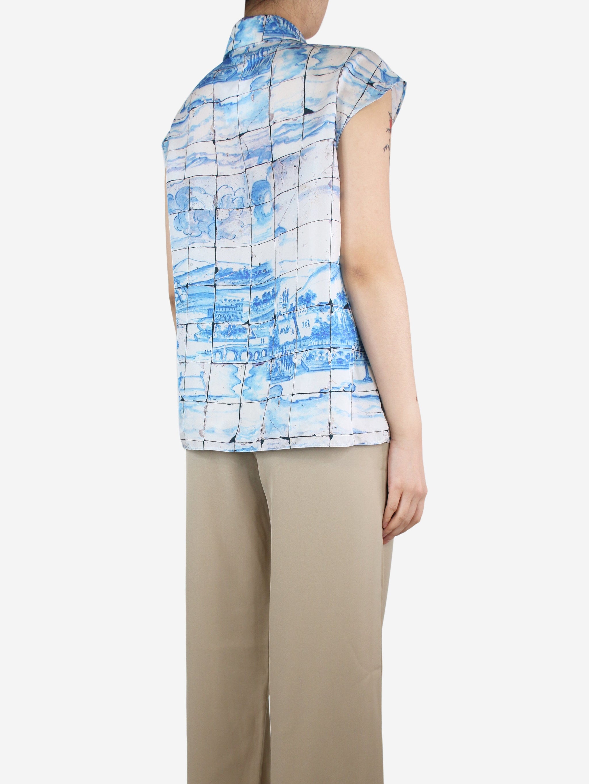 Prada pre-owned blue sleeveless printed shirt - size UK 14 | Sign of ...