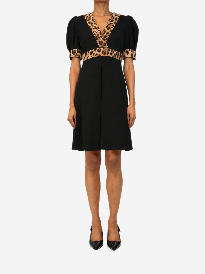 Black V-neck leopard trim dress Dresses Dolce & Gabbana 