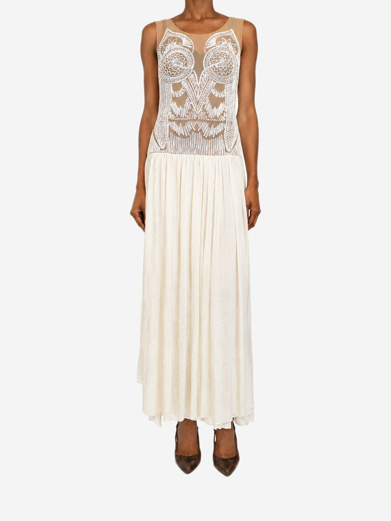 Cream embroidered mesh drop-waist pleated maxi dress - size S Dresses Sign of the Times 