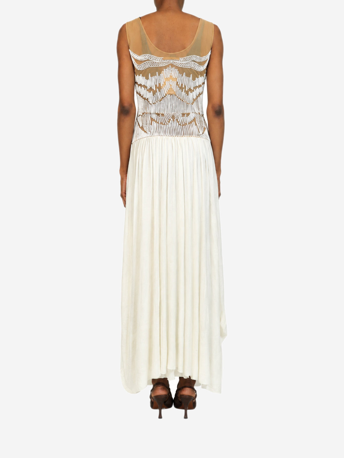 Cream embroidered mesh drop-waist pleated maxi dress - size S Dresses Sign of the Times 