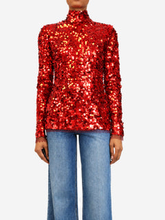 Red sequin high neck long-sleeved top - size UK 8 Tops Dolce & Gabbana 