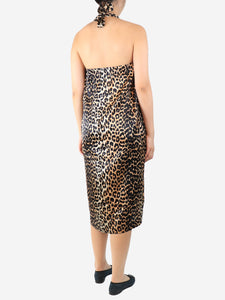 Ganni Neutral leopard print silk halterneck dress - size UK 10