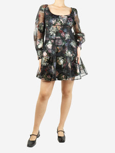 Marchesa Notte Black floral-printed tiered tulle mini dress - size UK 10