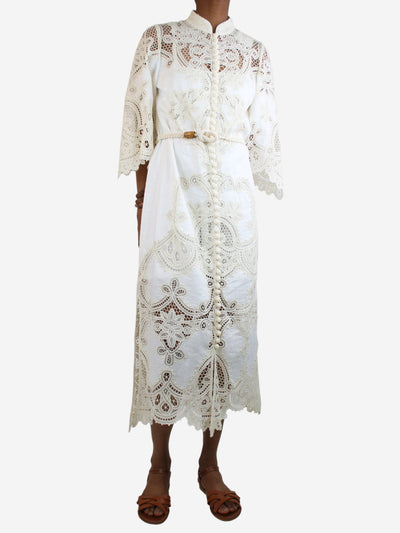 Cream embroidered buttoned-front midi dress - size UK 10