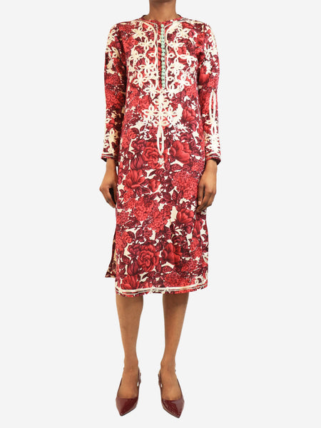 Burgundy silk embroidered midi dress - size UK 6 product image