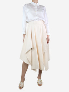 Alexander McQueen Cream asymmetric drape leather midi skirt - size UK 12