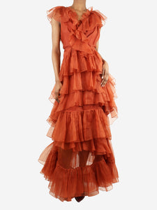 Johanna Ortiz Rust silk ruffled maxi dress - size UK 4