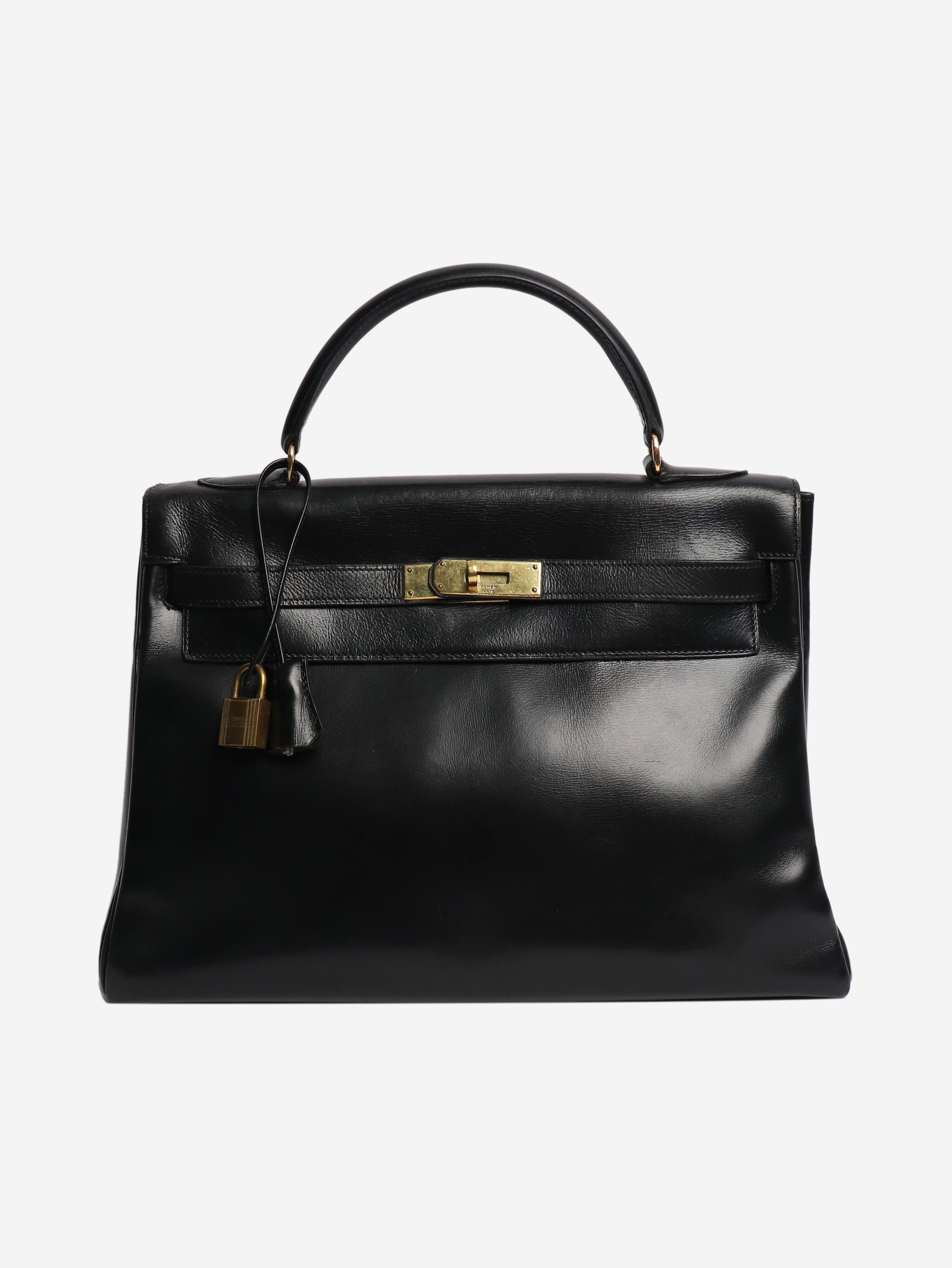 Black vintage box calf leather hermes kelly 28 Top Handle Bags Hermes 