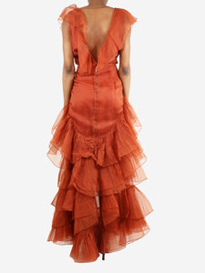 Johanna Ortiz Rust silk ruffled maxi dress - size UK 4