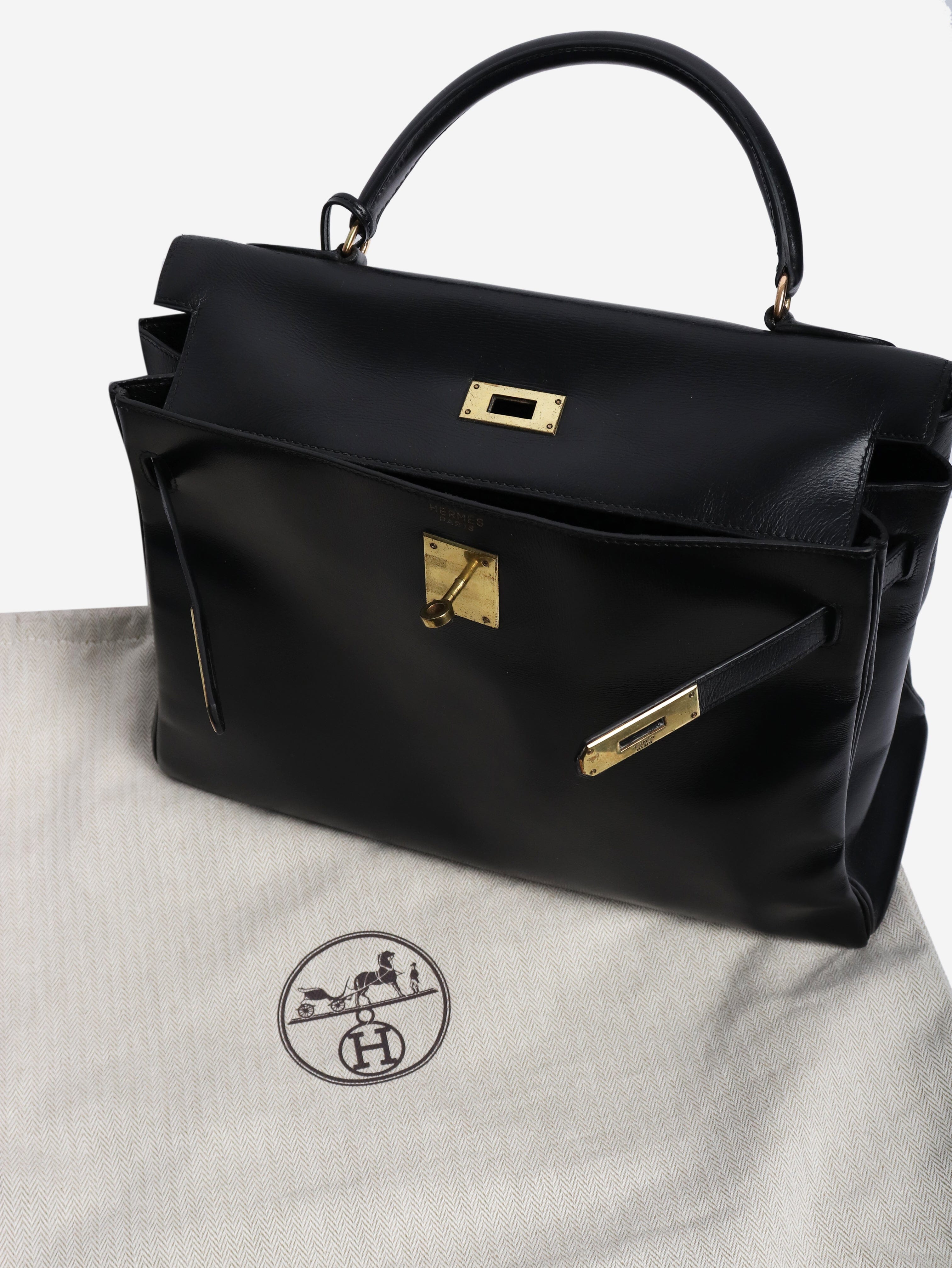 Black vintage box calf leather hermes kelly 28 Top Handle Bags Hermes 