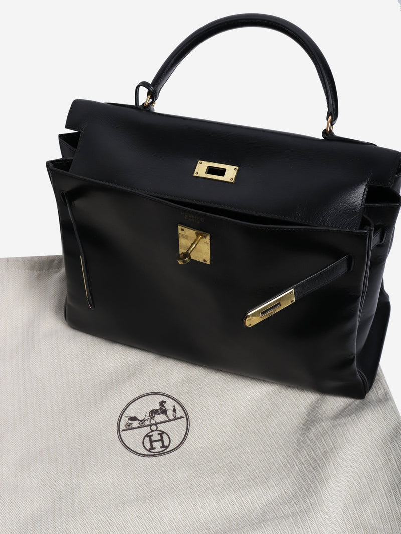 Black vintage box calf leather hermes kelly 28 Top Handle Bags Hermes 