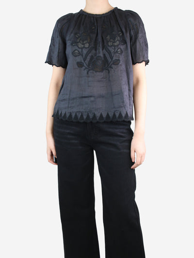 Black short-sleeved embroidered top - size UK 8