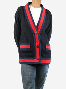 Gucci Navy blue stripe-trimmed cardigan - size UK 4