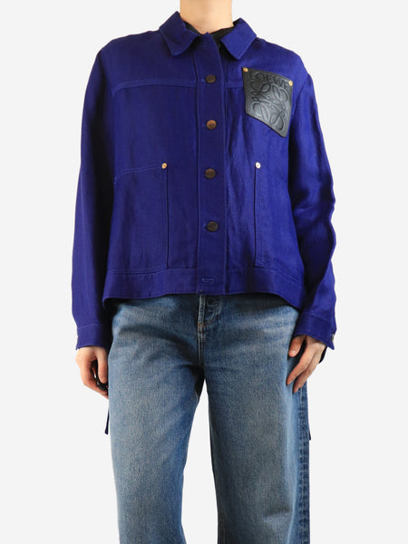 Blue Anagram-patch linen-blend jacket - size UK 10 product image