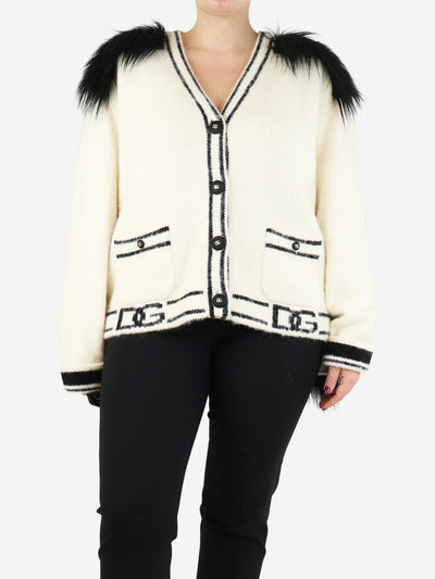 Ecru and black faux-fur panelled cardigan - size UK 10 Knitwear Dolce & Gabbana 