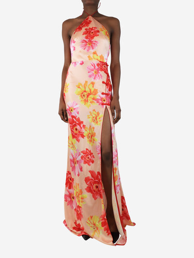 Sau Lee Peach floral satin maxi dress - size UK 6 Dresses Sau Lee 