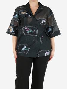 Ganni Black sheer floral patch Organza oversized shirt - size UK 6