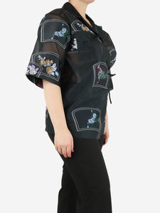 Ganni Black sheer floral patch Organza oversized shirt - size UK 6