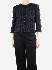 Chanel Black button-up textured frayed jacket - size UK 12
