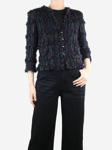 Chanel Black button-up textured frayed jacket - size UK 12