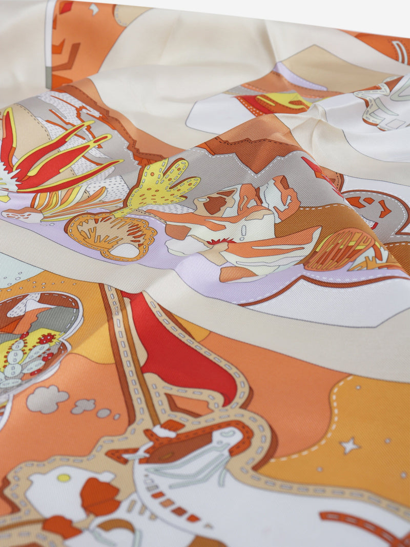 Cream and orange Carré 90 Bottes Story silk scarf Scarves Hermes 