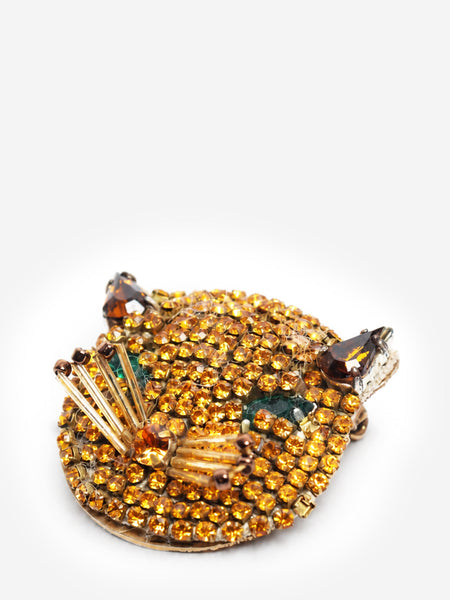 Gold crystal cat head brooch alternate image