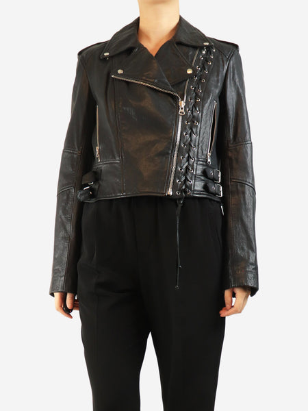 Black leather lace-up detail biker jacket - size UK 12 product image