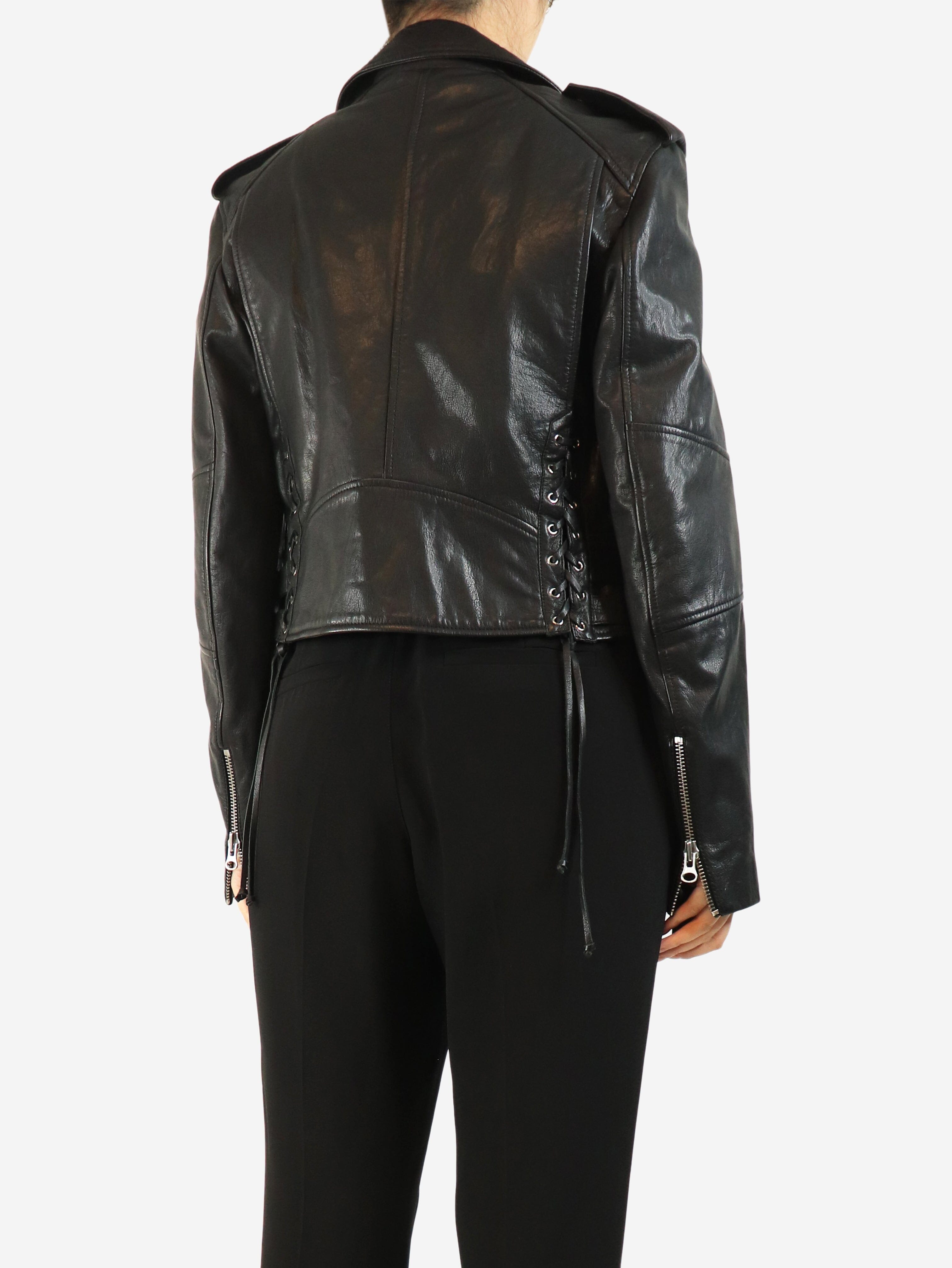 Black leather lace-up detail biker jacket - size UK 12 Coats & Jackets McQ 