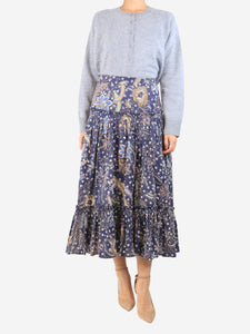 Cara Cara Blue floral tiered midi skirt - size UK 10