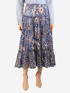 Cara Cara Blue floral tiered midi skirt - size UK 10
