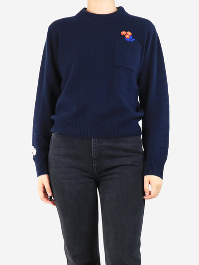 Navy blue floral embroidered pocket jumper - size M Knitwear Trovata 