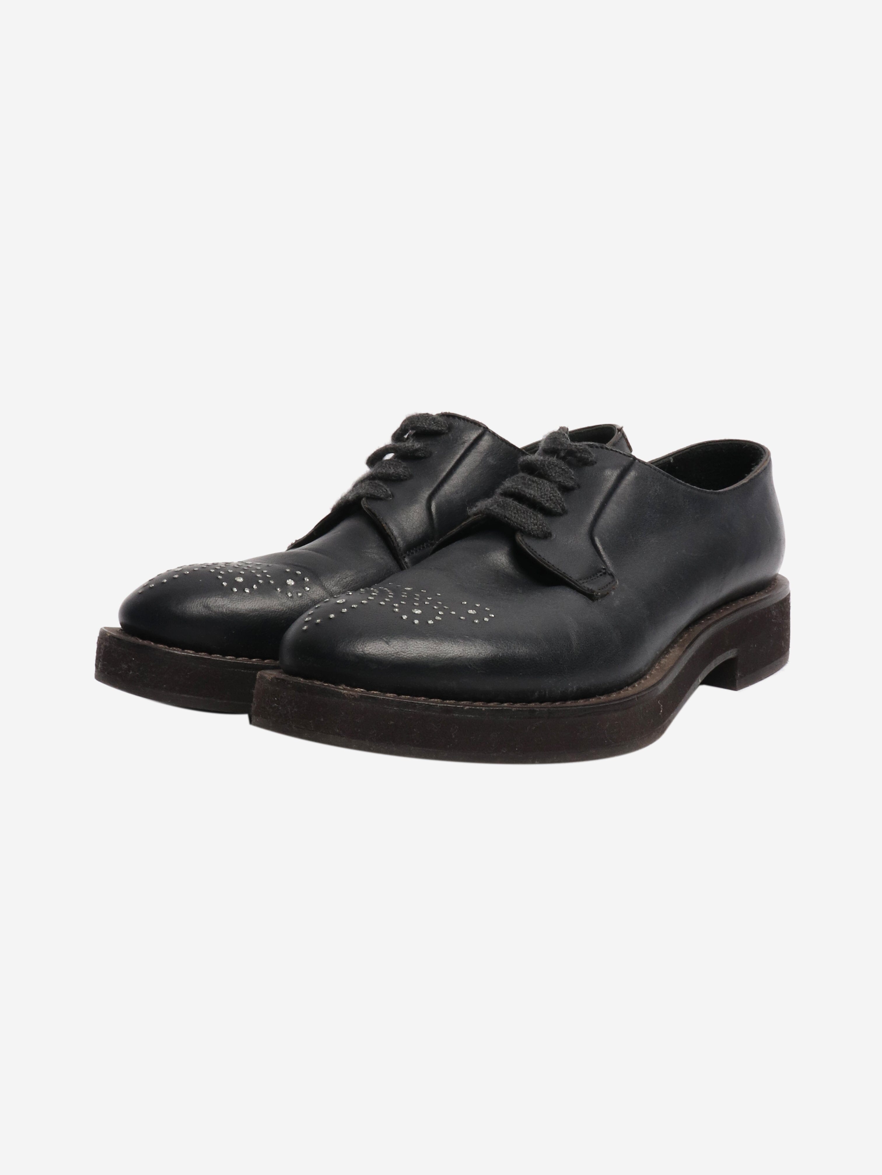 Black bejewelled leather lace-up shoes - size EU 38 Flat Shoes Brunello Cucinelli 