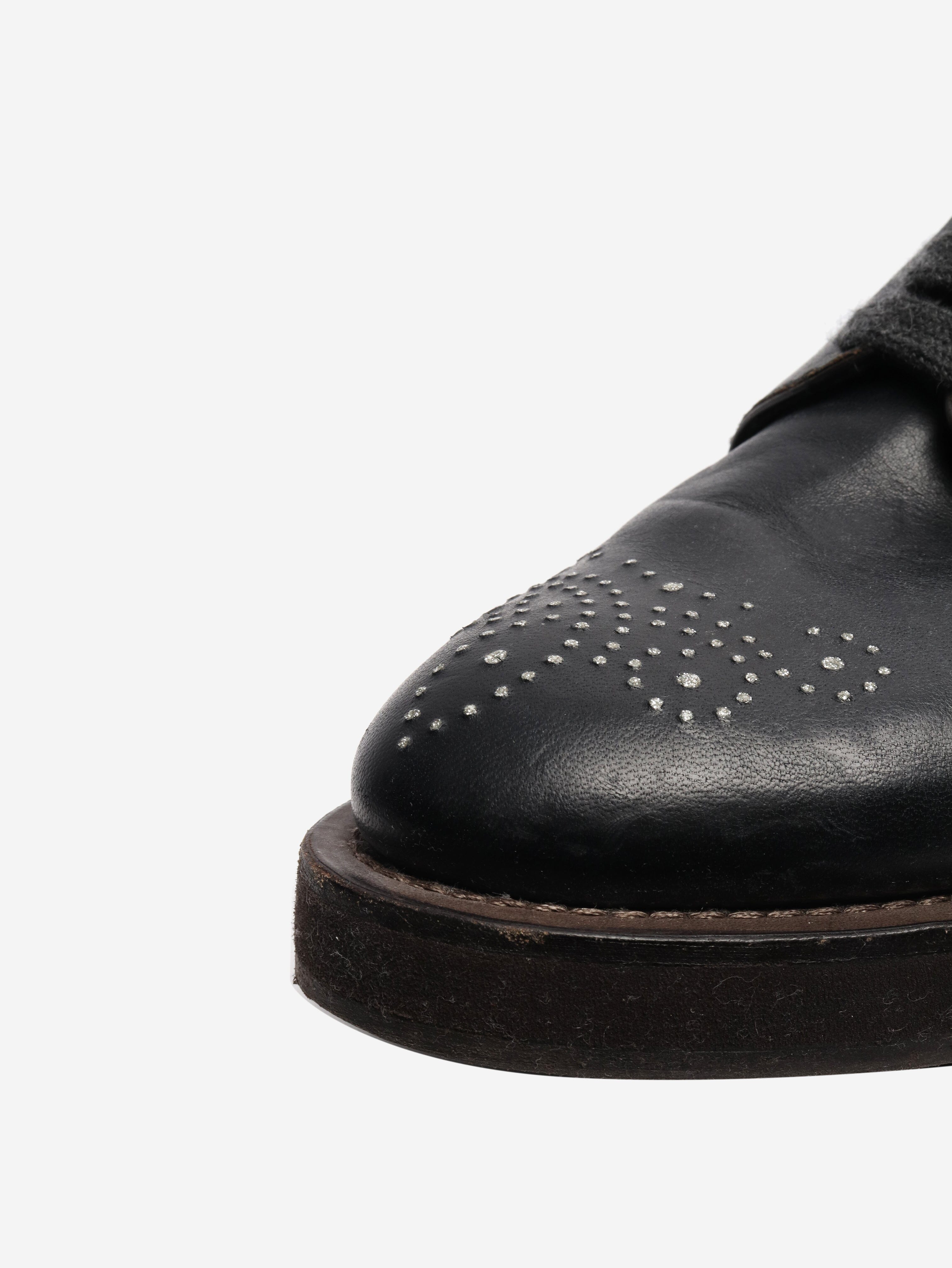 Black bejewelled leather lace-up shoes - size EU 38 Flat Shoes Brunello Cucinelli 