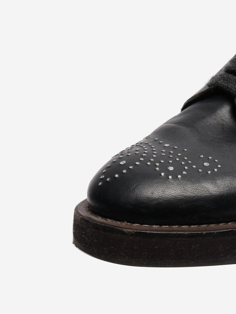 Black bejewelled leather lace-up shoes - size EU 38 Flat Shoes Brunello Cucinelli 