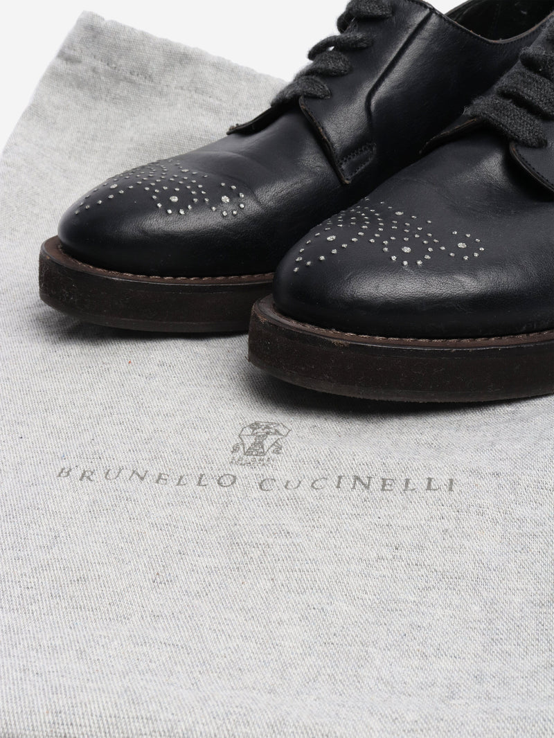 Black bejewelled leather lace-up shoes - size EU 38 Flat Shoes Brunello Cucinelli 