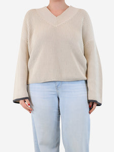 Brunello Cucinelli Neutral ribbed v-neck jumper - size