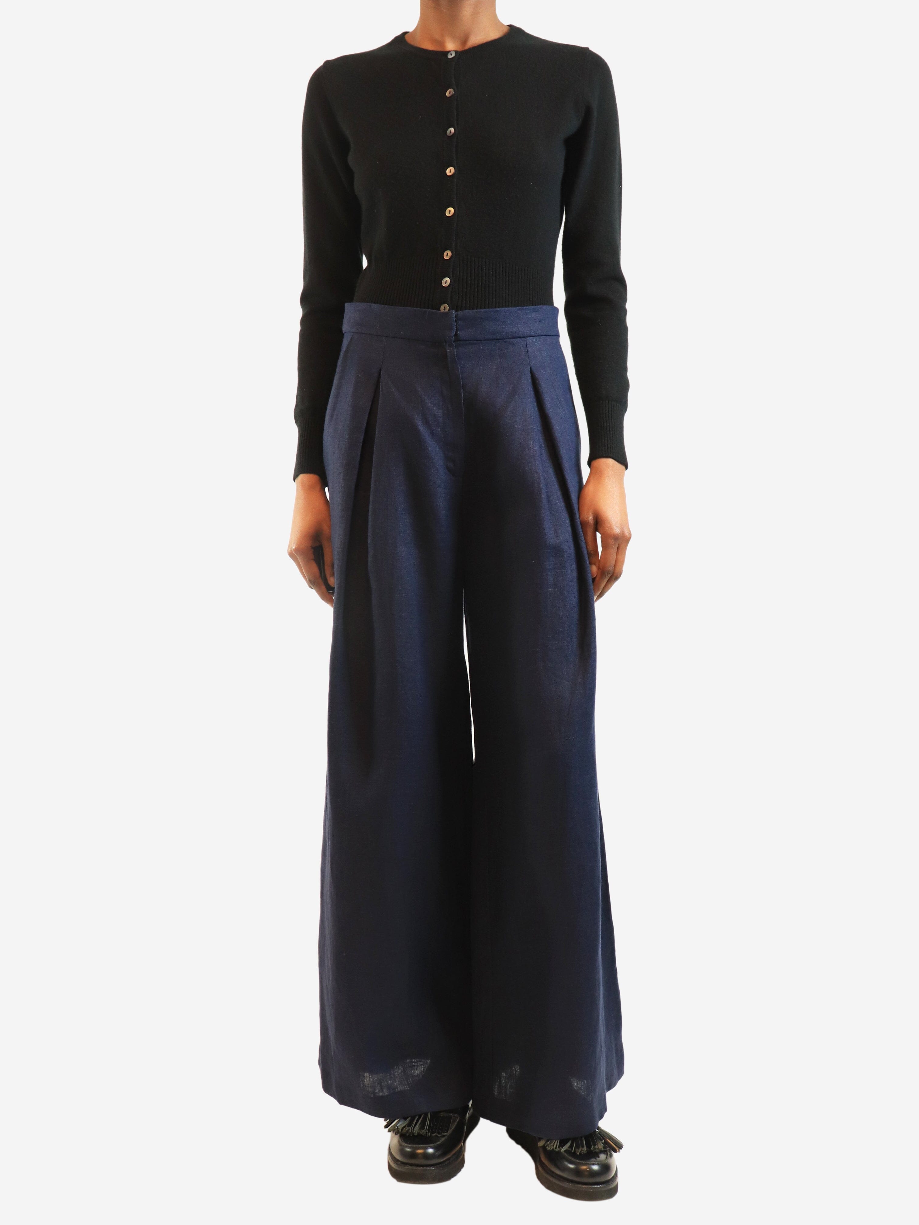 Navy linen wide-leg trousers - size UK 8 Trousers Andres Otalora 