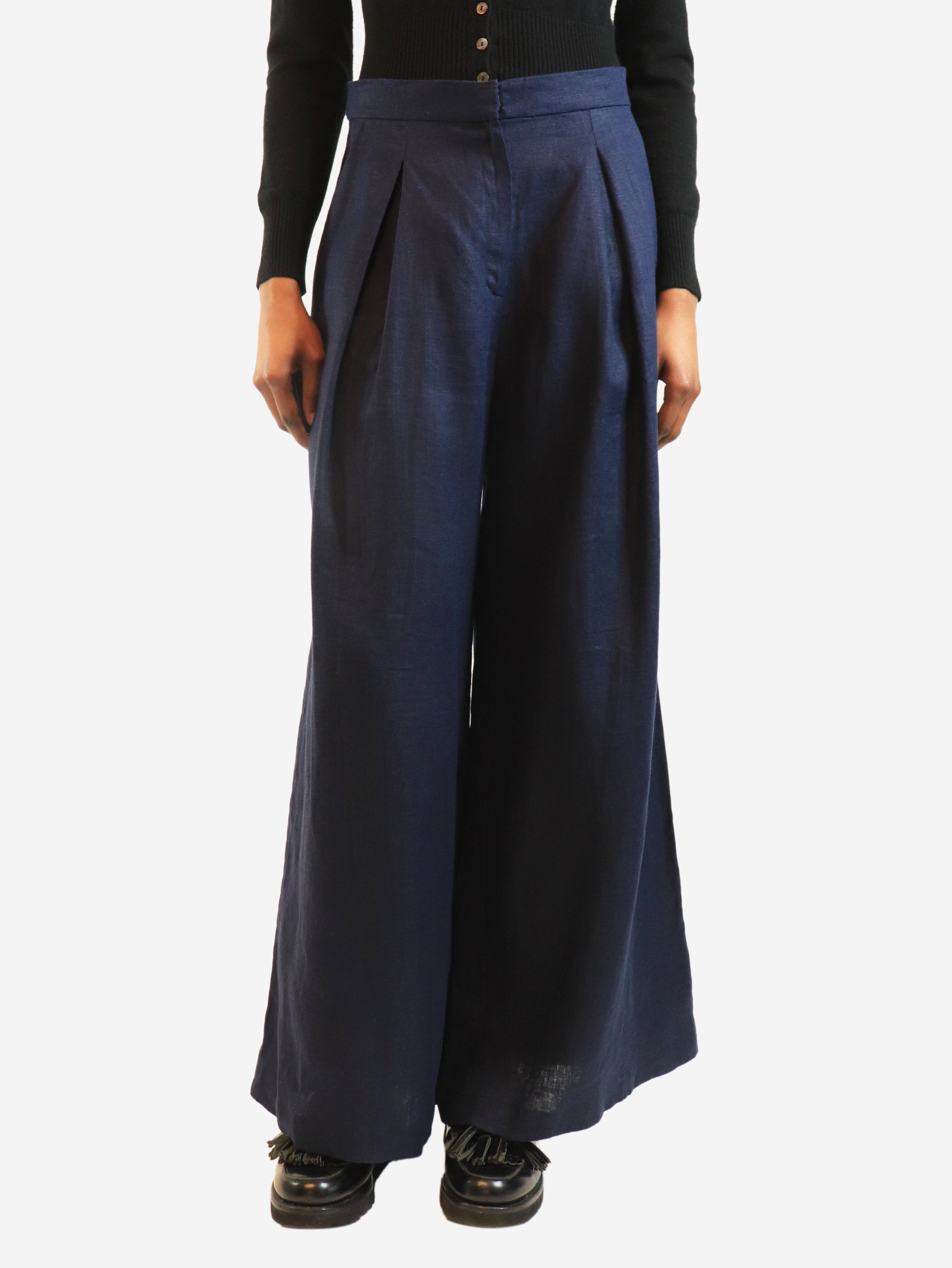 Navy linen wide-leg trousers - size UK 8 Trousers Andres Otalora 