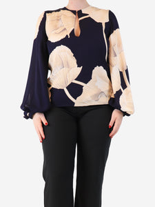Johanna Ortiz Navy blue silk floral printed blouse - size UK 12