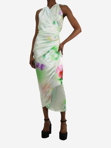 Samuel Gui Yang Green sleeveless satin printed wrap dress - size UK 6