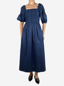 Faithfull The Brand Blue off-shoulder shirred midi dress - size S