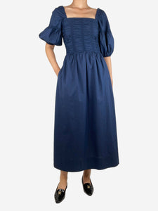 Faithfull The Brand Blue off-shoulder shirred midi dress - size S