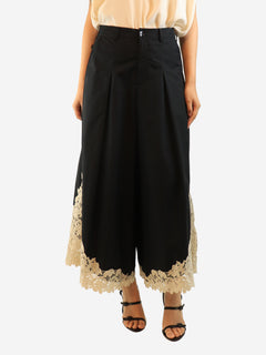 Black lace-trim wide-leg trousers - size S